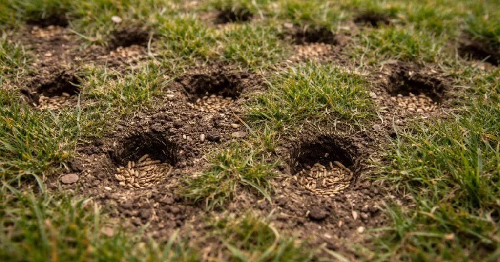Aerated lawn surface before overseeding