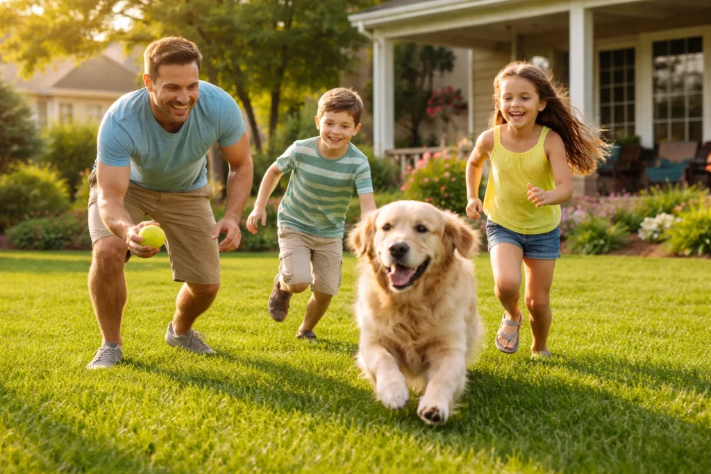 Family enjoying a healthy lawn with kids and pets