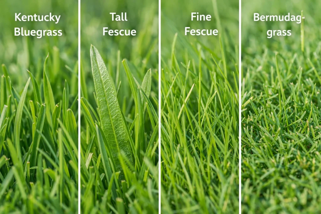Close-up of different grass blade textures