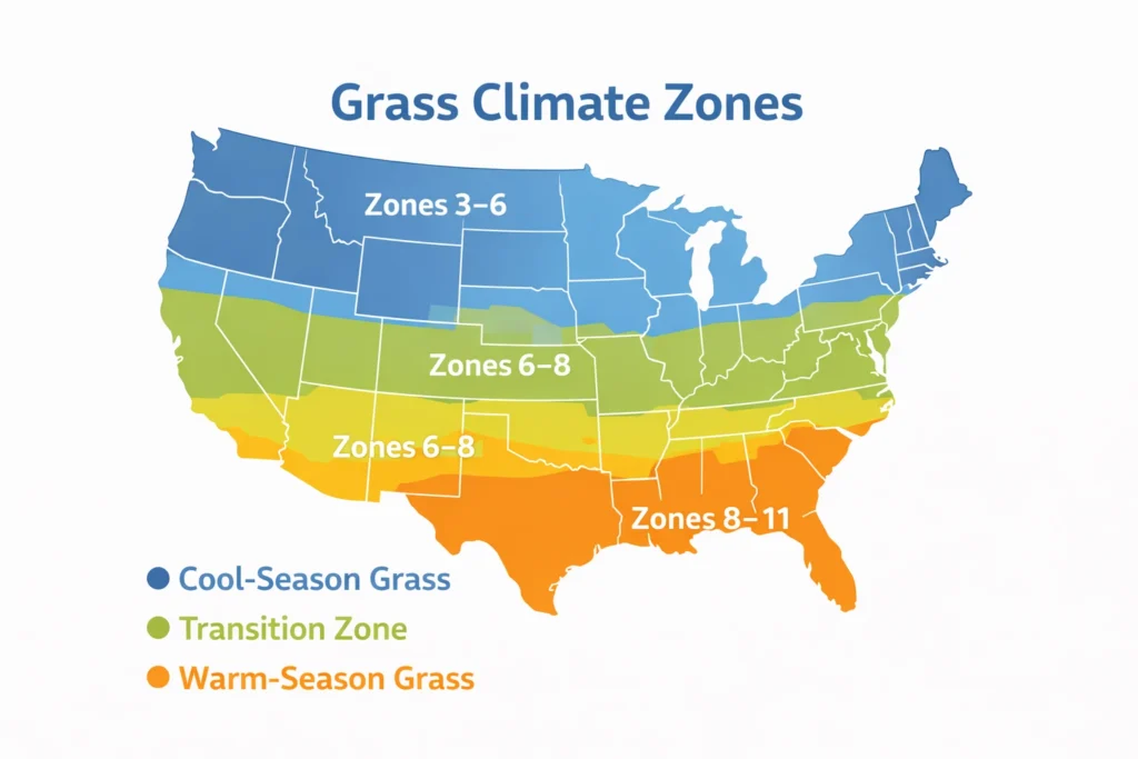 US map showing grass types by climate zone