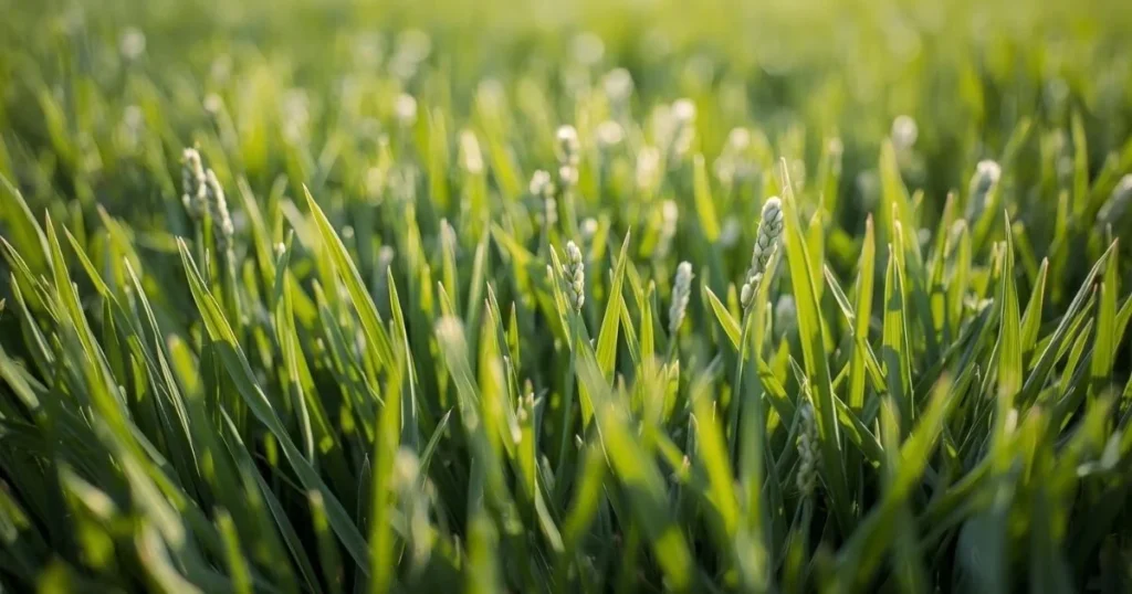 Annual bluegrass close-up showing light green color and seedheads