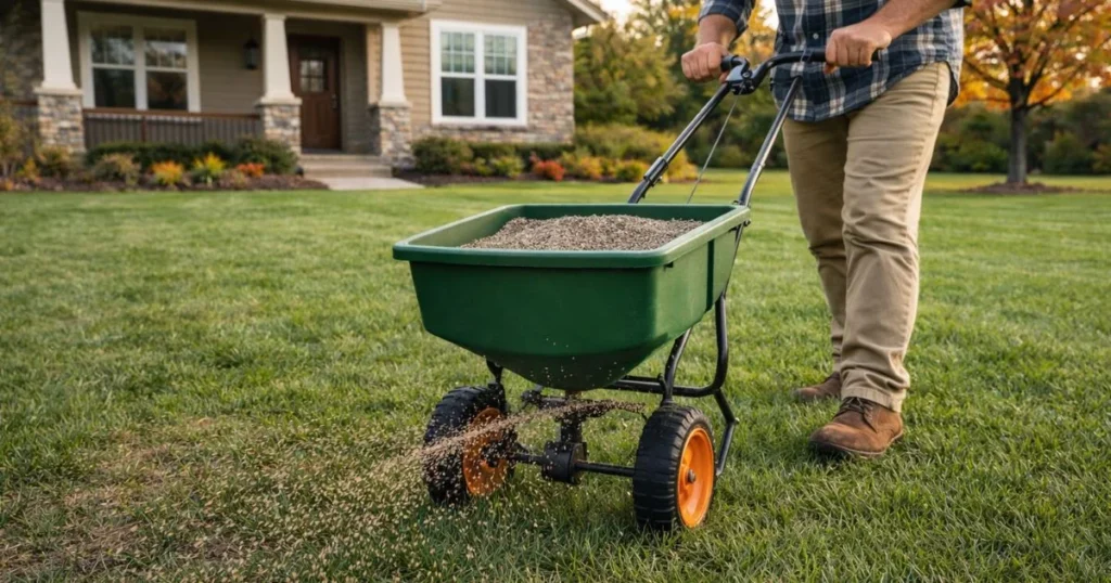 Applying fescue grass seed evenly during fall overseeding