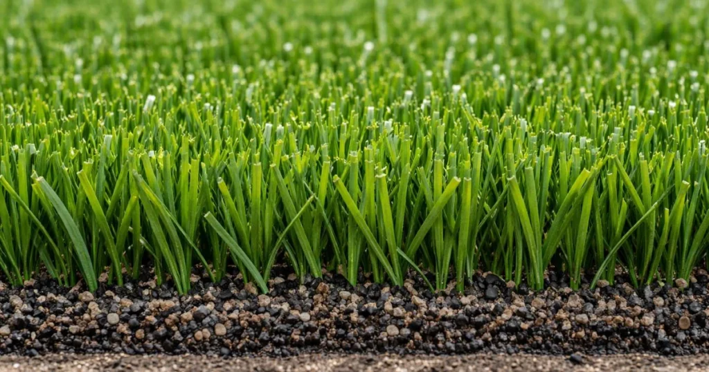 Close-up of artificial turf grass fibers
