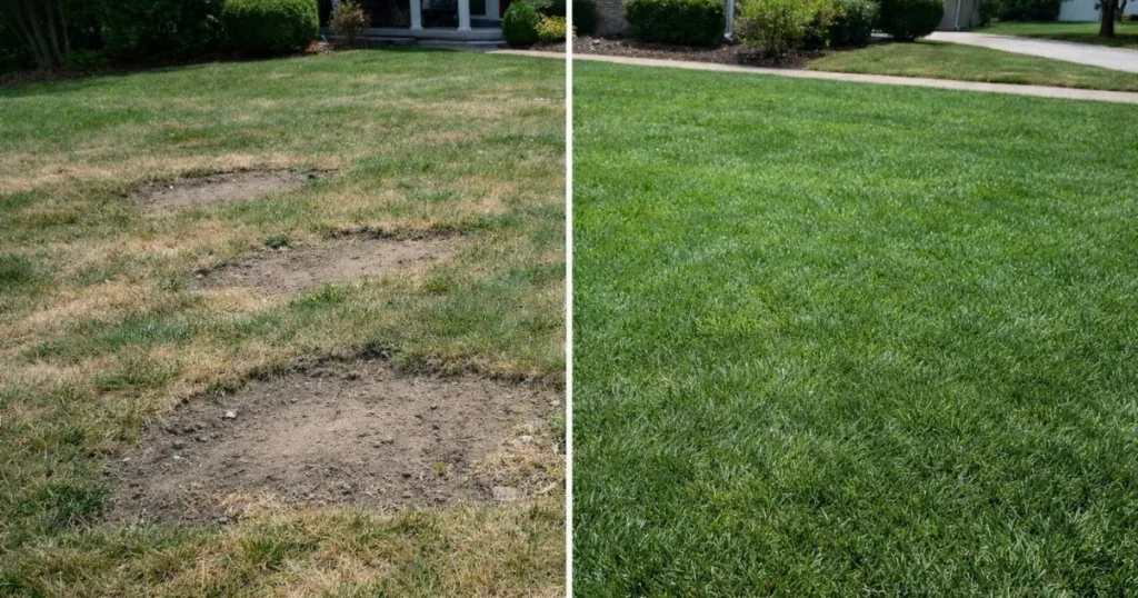 Before and after lawn overseeding results