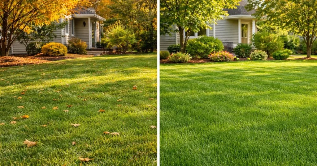Best time to overseed lawn shown in fall and spring seasons