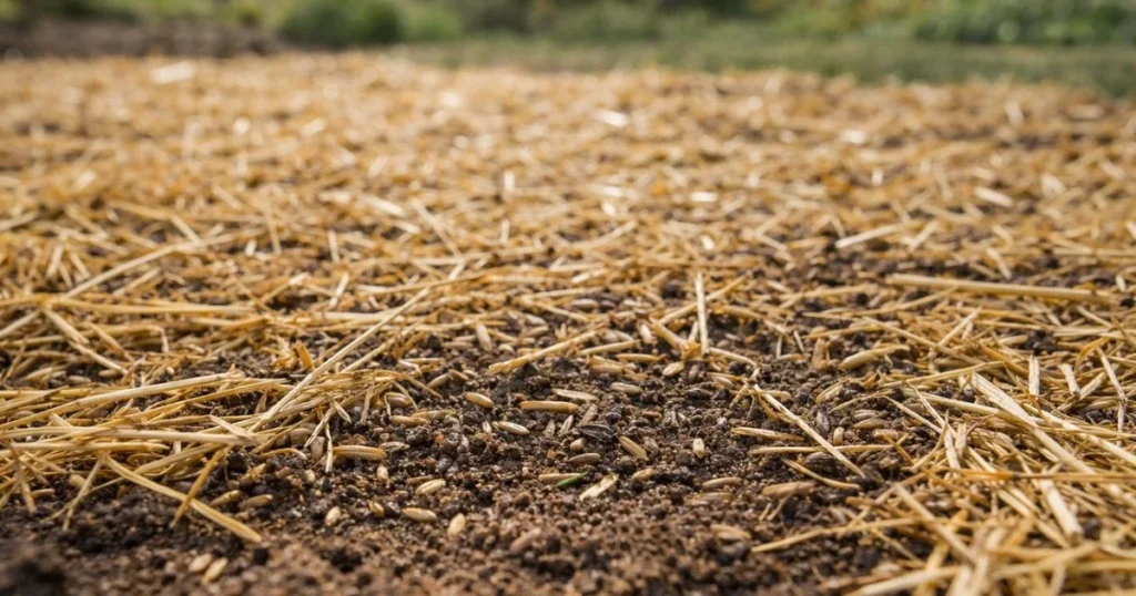 Covering grass seed with straw to protect from heat
