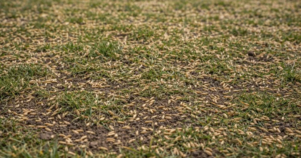 Grass seed spread evenly during fall overseeding