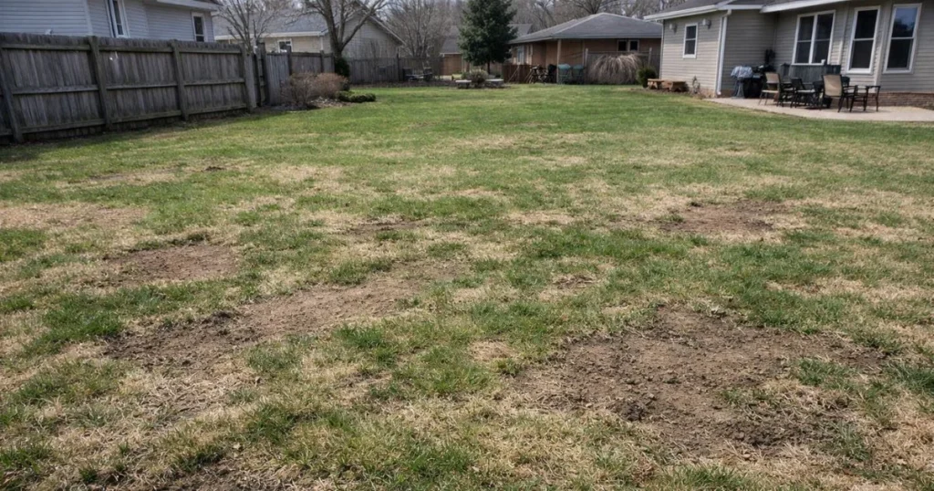 Lawn with thin grass and bare patches after failed overseeding