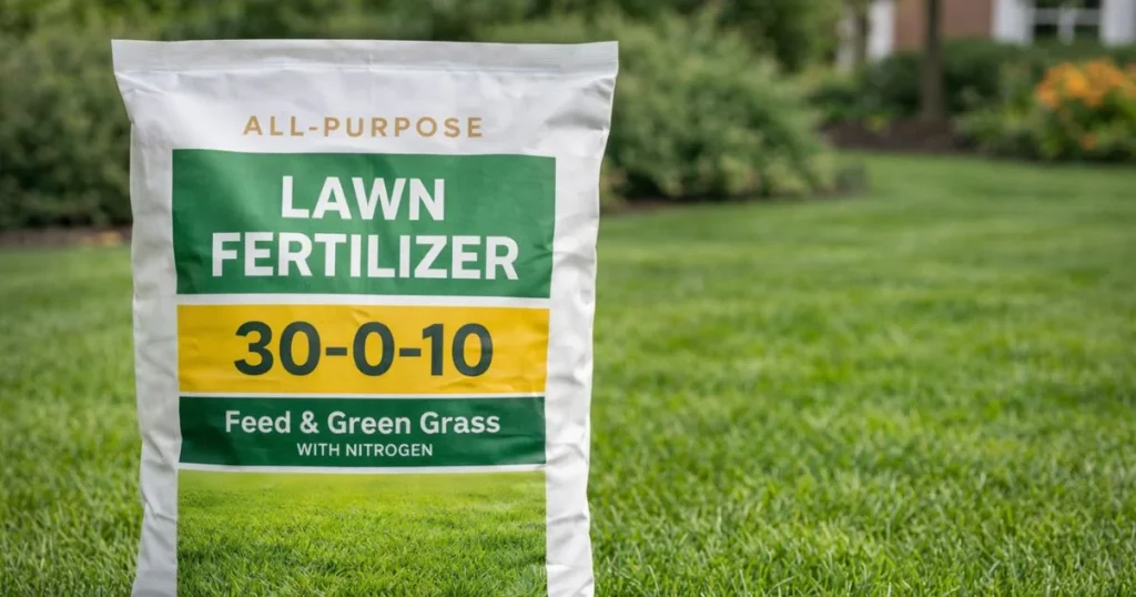 Fertilizer label showing nitrogen number for lawn care