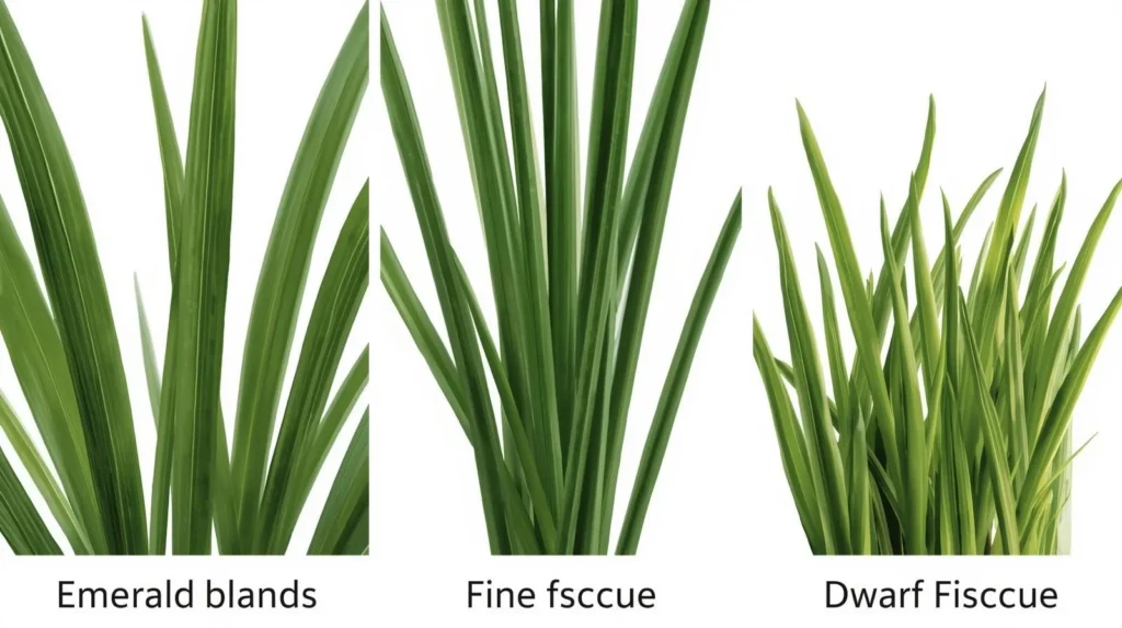Blade width comparison of tall, fine, and dwarf fescue grass types.