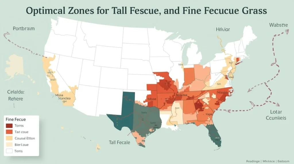 USDA zone map showing recommended regions for tall fescue and fine fescue lawns.