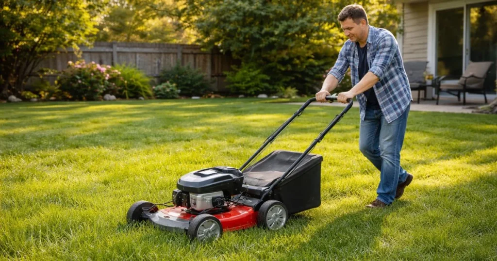 First mowing of new grass lawn