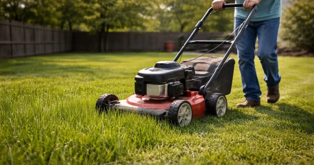 First mowing of newly grown grass from seed
