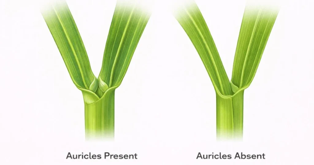 grass leaves with auricles present and auricles absent comparison