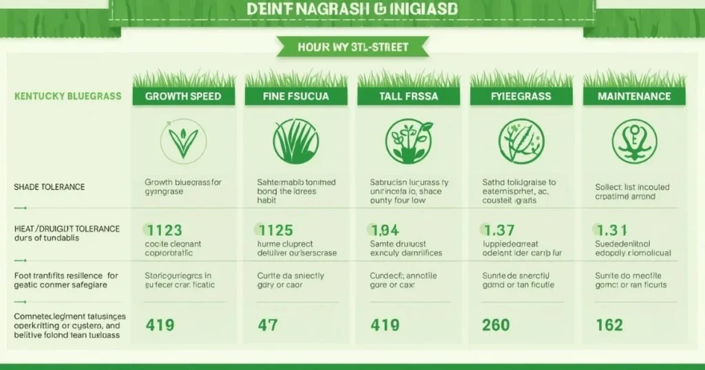 Comparison table infographic for Kentucky bluegrass, fescue, and ryegrass.