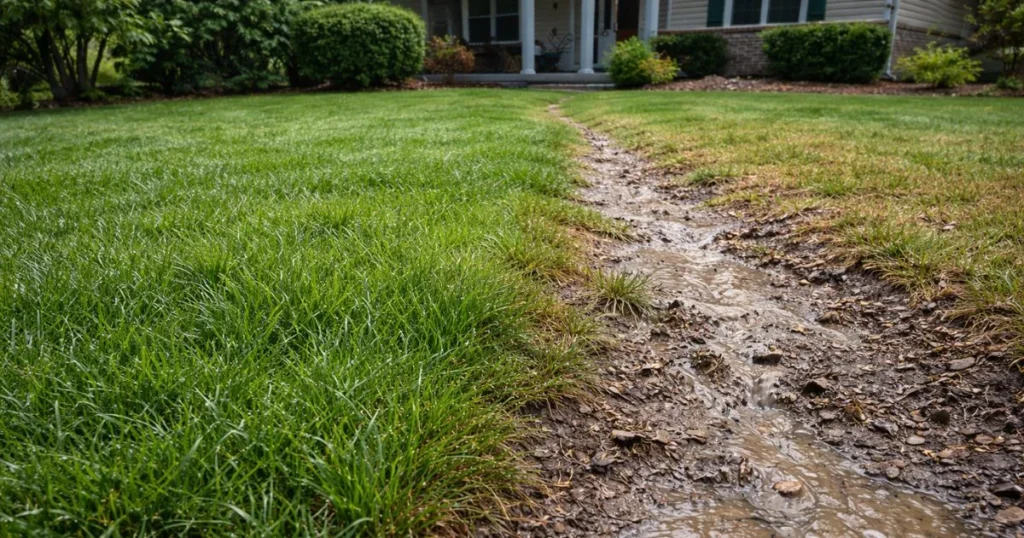 Grass preventing soil erosion after rain