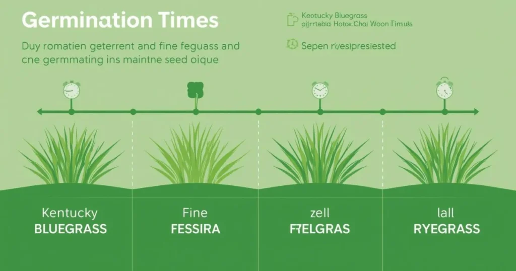 Infographic showing germination times for Kentucky bluegrass, fescue, and ryegrass.