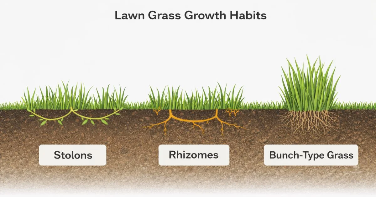 diagram showing lawn grass growth habits including stolons rhizomes and bunch type
