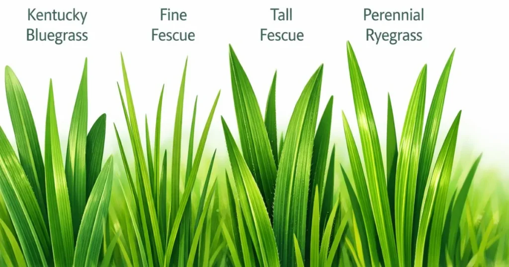 Close-up illustration of Kentucky bluegrass, fine fescue, tall fescue, and perennial ryegrass leaf shapes and textures.