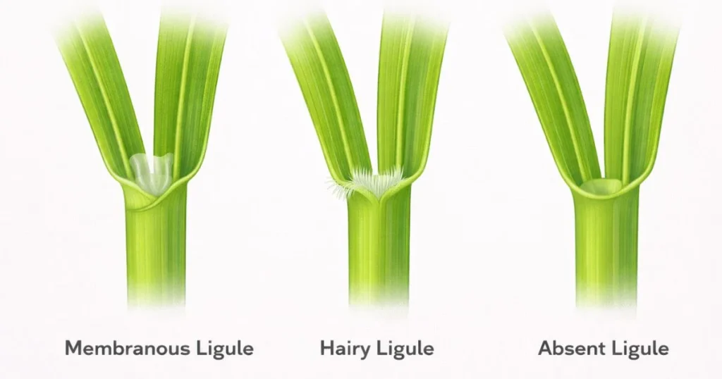 Different types of grass ligules membranous hairy and absent