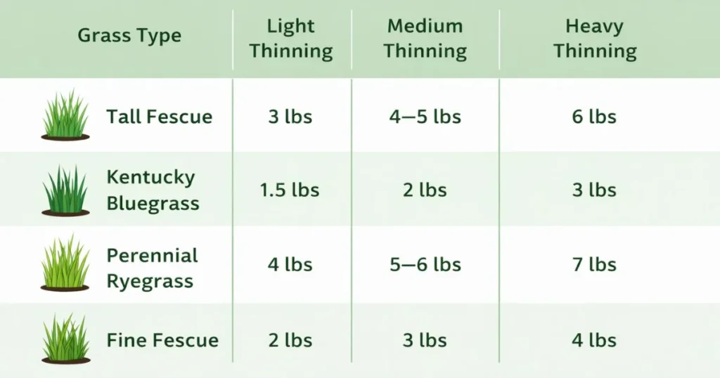 Grass seed overseeding rate chart per 1000 square feet