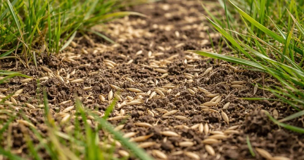 Grass seed touching soil for proper germination during overseeding