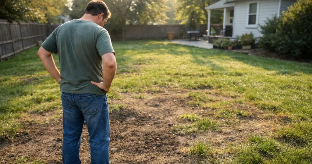 Patchy lawn with bare spots before growing grass from seed