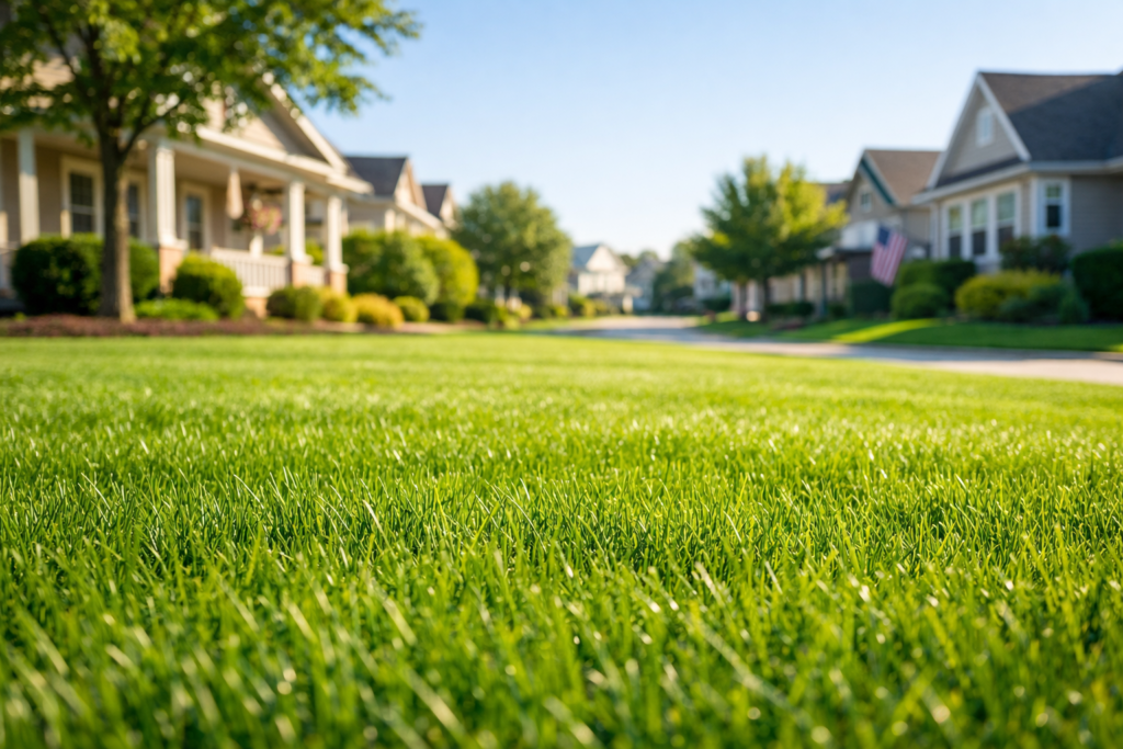 Healthy green residential lawn showing common grass types in the USA