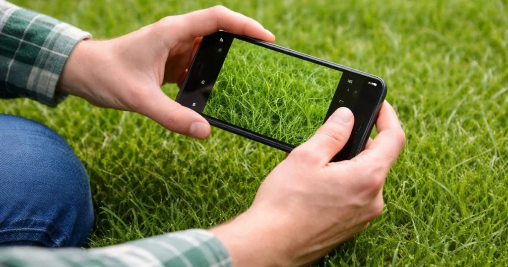 person using smartphone to take a close up photo of lawn grass