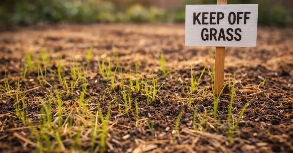 Avoid walking on new grass after summer seeding