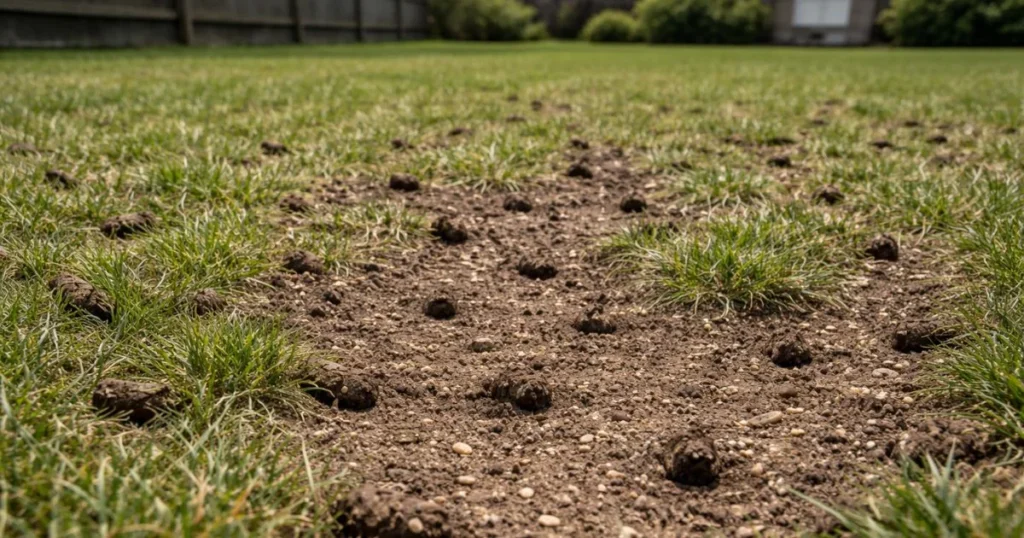 Aerated lawn soil ready for overseeding