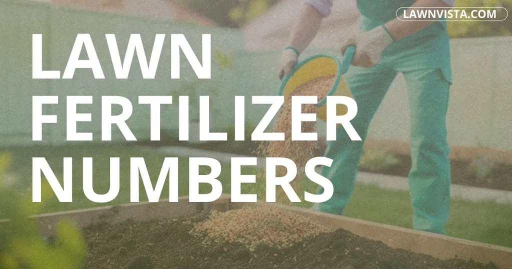 Illustrated lawn fertilizer label showing nitrogen phosphorus potassium numbers and their role in grass growth