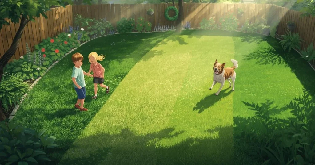 Illustration showing children and pets using different types of lawn grasses.