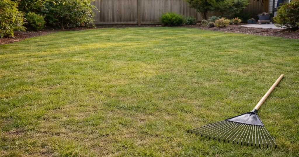 Lawn prepared for overseeding with short grass