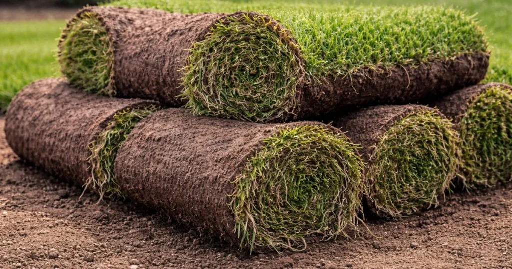 Natural sod grass rolls with roots and soil