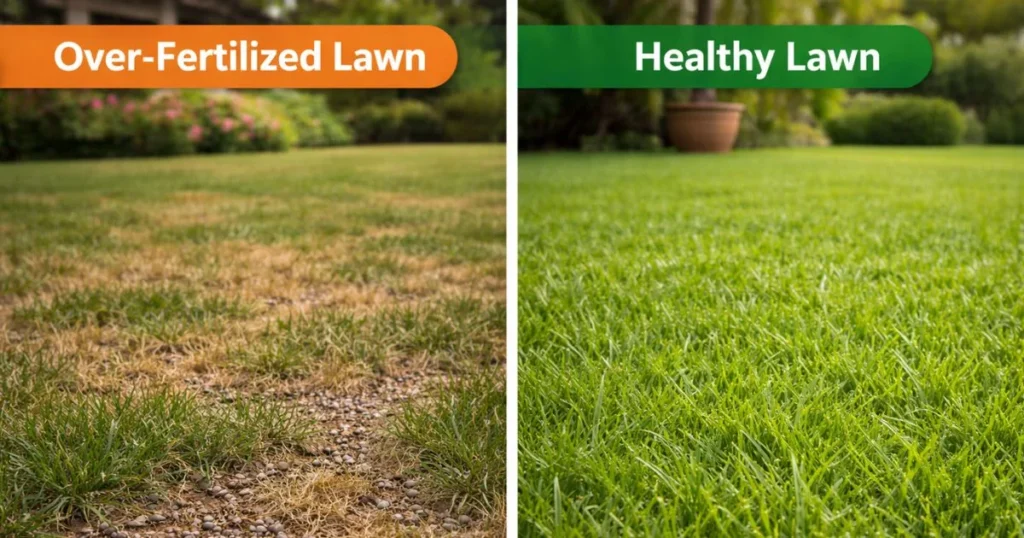 Over-fertilized lawn compared to healthy grass