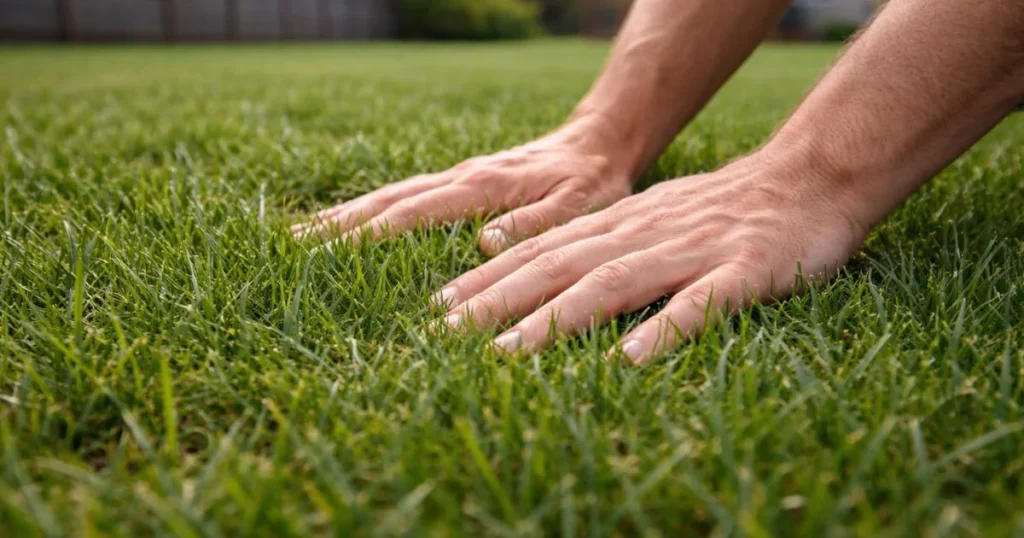 Homeowner checking lawn conditions before overseeding