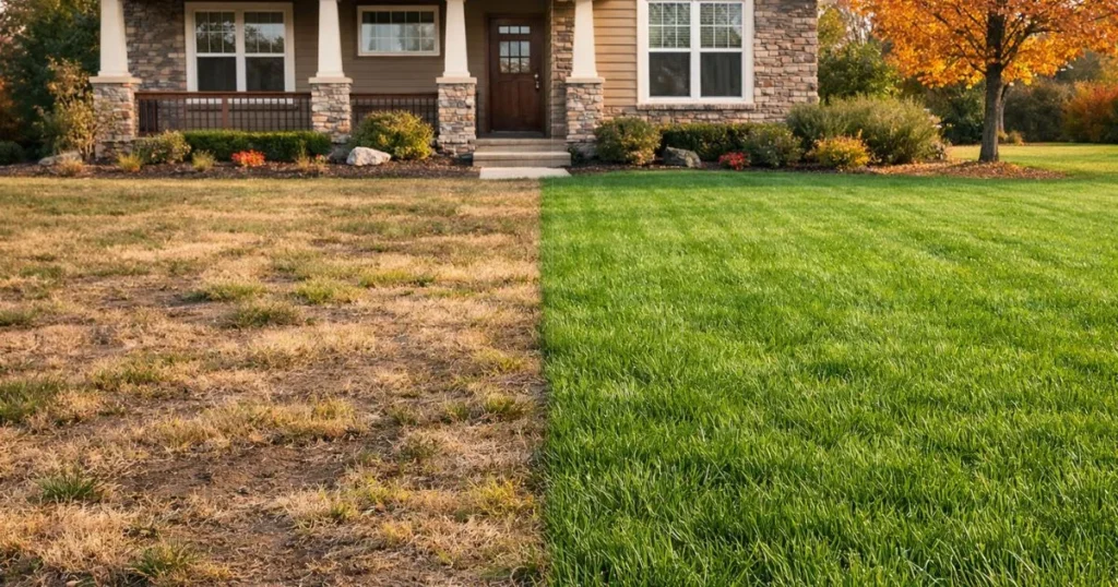 Overseeding fescue in fall showing thin lawn before and thick green grass after