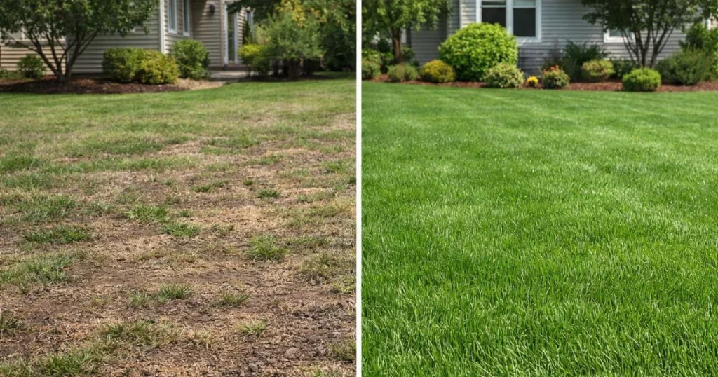 Overseeding lawn before and after results showing thin grass and thick healthy lawn