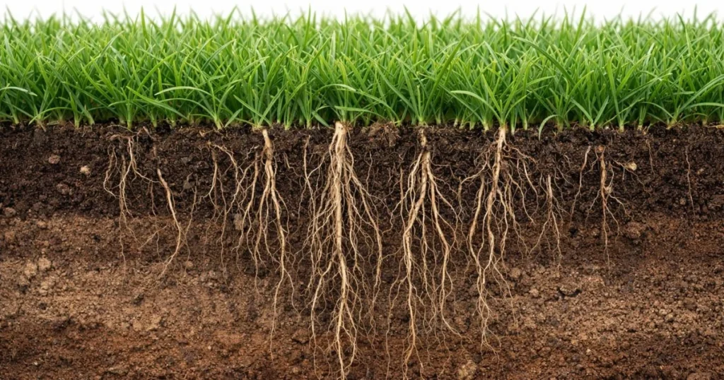 Grass roots growing deep in soil