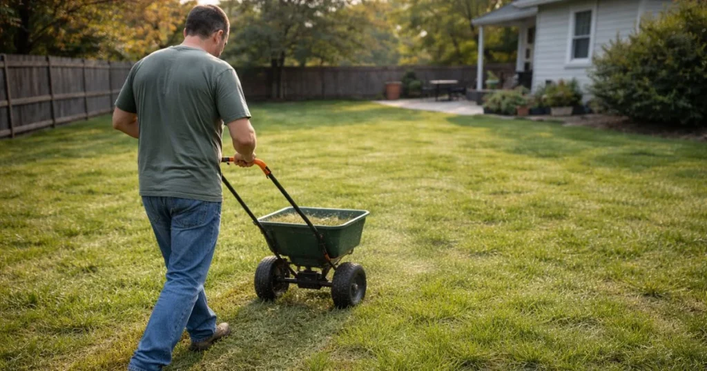 Spreading grass seed evenly on a lawn