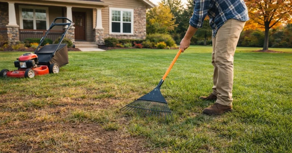 Preparing lawn for overseeding fescue by mowing and raking
