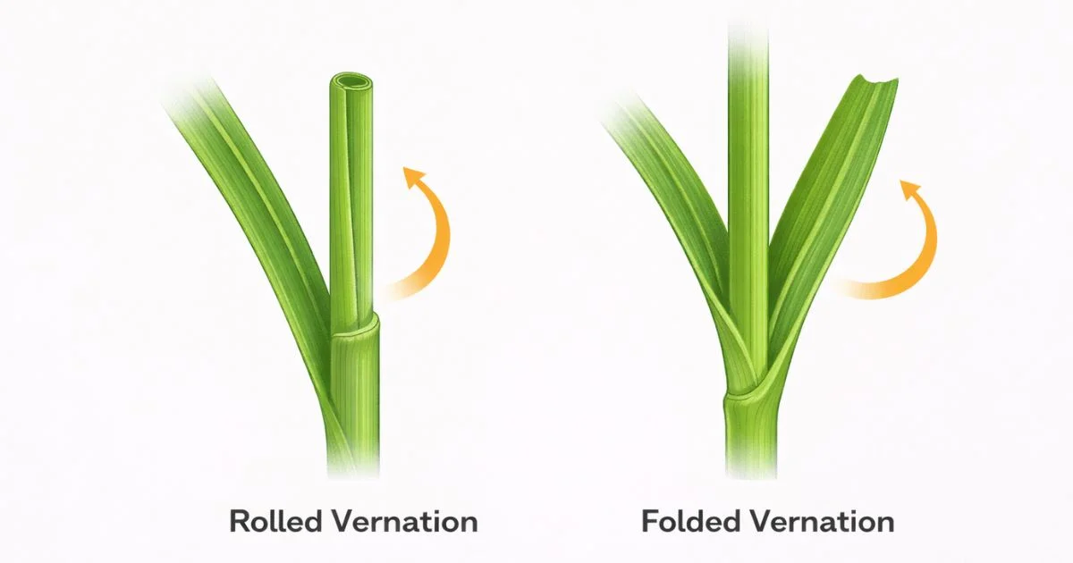 rolled versus folded vernation in lawn grass leaves