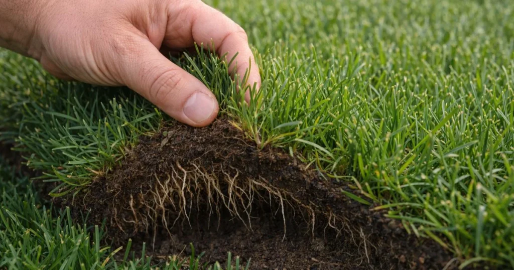 Checking root grip before mowing new sod