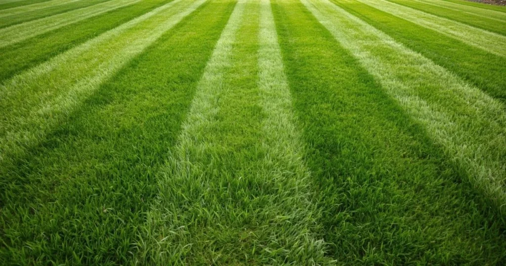 Healthy ryegrass lawn with even green color in a home yard