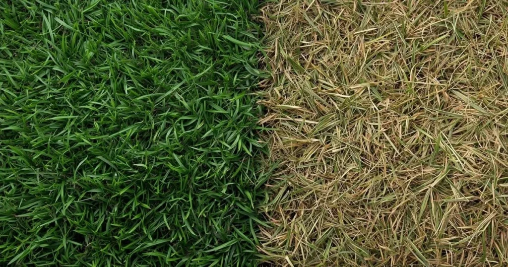 Ryegrass lawn showing healthy spring growth and summer stress