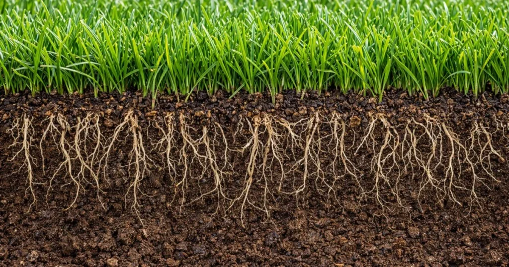 Sod grass roots growing into soil after installation