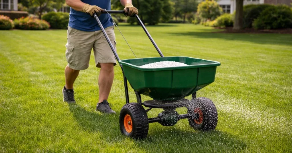 Applying nitrogen fertilizer evenly on a home lawn