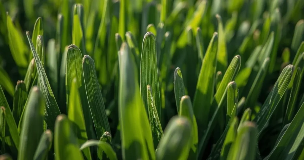 Close-up of St Augustine grass leaf blades with rounded tips