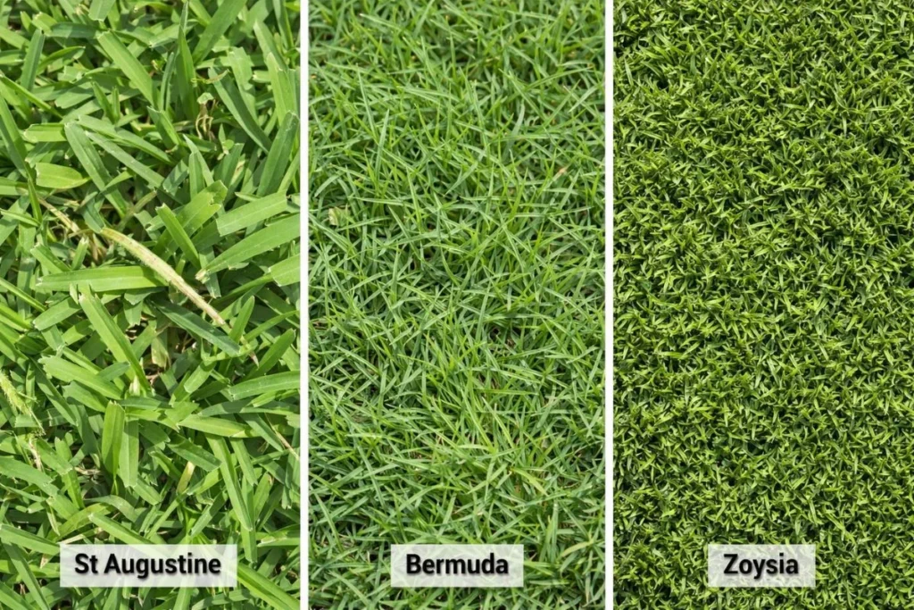 St Augustine grass vs Bermuda vs Zoysia comparison showing blade width and texture differences